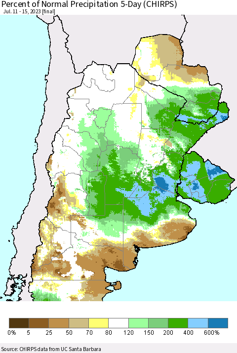 Southern South America Percent of Normal Precipitation 5-Day (CHIRPS) Thematic Map For 7/11/2023 - 7/15/2023