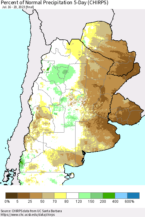 Southern South America Percent of Normal Precipitation 5-Day (CHIRPS) Thematic Map For 7/16/2023 - 7/20/2023