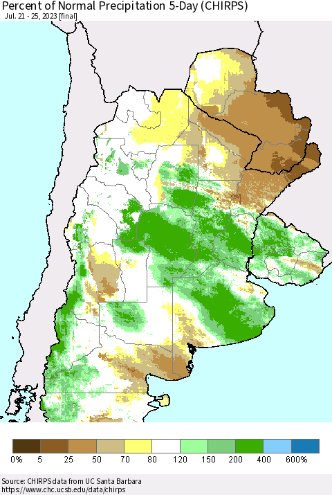 Southern South America Percent of Normal Precipitation 5-Day (CHIRPS) Thematic Map For 7/21/2023 - 7/25/2023