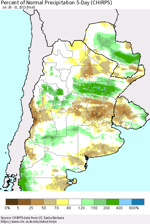 Southern South America Percent of Normal Precipitation 5-Day (CHIRPS) Thematic Map For 7/26/2023 - 7/31/2023