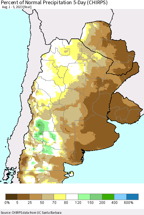 Southern South America Percent of Normal Precipitation 5-Day (CHIRPS) Thematic Map For 8/1/2023 - 8/5/2023