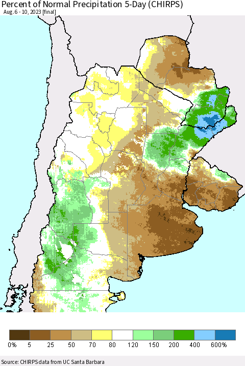 Southern South America Percent of Normal Precipitation 5-Day (CHIRPS) Thematic Map For 8/6/2023 - 8/10/2023