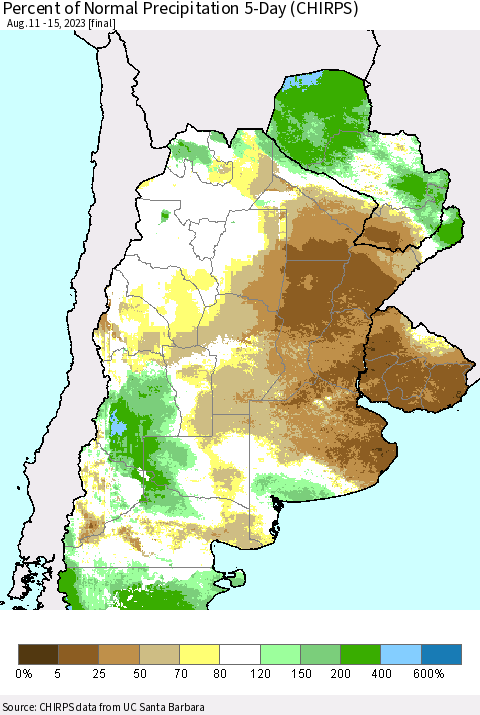 Southern South America Percent of Normal Precipitation 5-Day (CHIRPS) Thematic Map For 8/11/2023 - 8/15/2023