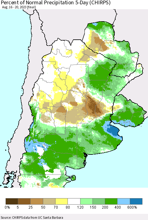 Southern South America Percent of Normal Precipitation 5-Day (CHIRPS) Thematic Map For 8/16/2023 - 8/20/2023