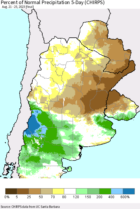 Southern South America Percent of Normal Precipitation 5-Day (CHIRPS) Thematic Map For 8/21/2023 - 8/25/2023
