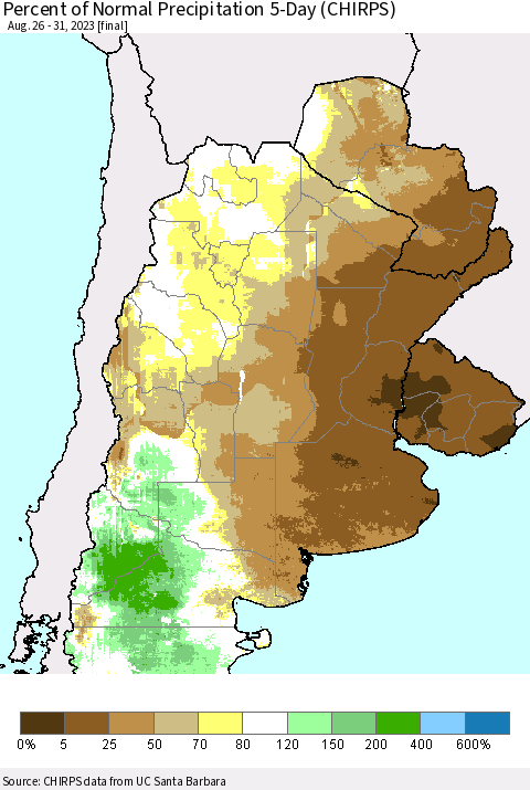 Southern South America Percent of Normal Precipitation 5-Day (CHIRPS) Thematic Map For 8/26/2023 - 8/31/2023