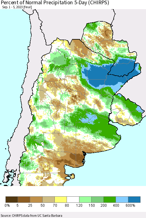 Southern South America Percent of Normal Precipitation 5-Day (CHIRPS) Thematic Map For 9/1/2023 - 9/5/2023