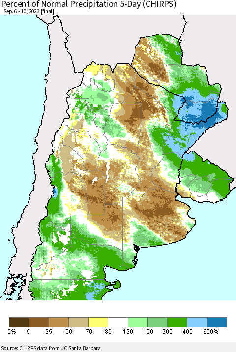 Southern South America Percent of Normal Precipitation 5-Day (CHIRPS) Thematic Map For 9/6/2023 - 9/10/2023