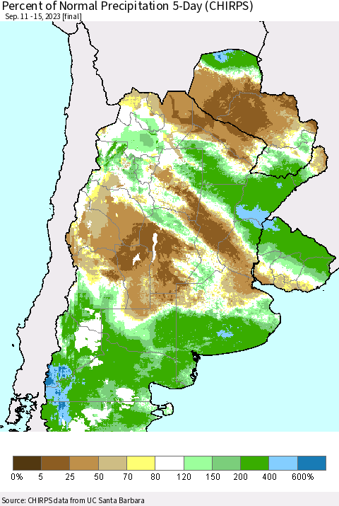 Southern South America Percent of Normal Precipitation 5-Day (CHIRPS) Thematic Map For 9/11/2023 - 9/15/2023