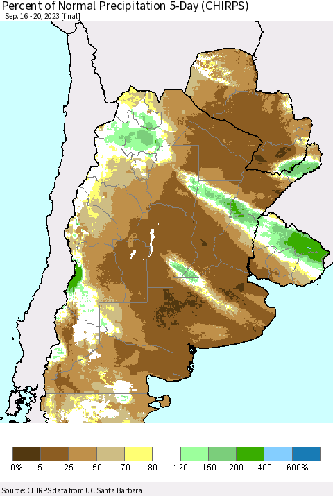 Southern South America Percent of Normal Precipitation 5-Day (CHIRPS) Thematic Map For 9/16/2023 - 9/20/2023