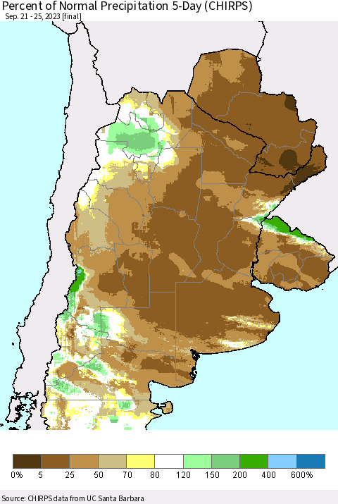 Southern South America Percent of Normal Precipitation 5-Day (CHIRPS) Thematic Map For 9/21/2023 - 9/25/2023