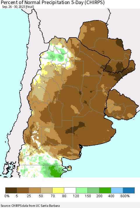 Southern South America Percent of Normal Precipitation 5-Day (CHIRPS) Thematic Map For 9/26/2023 - 9/30/2023