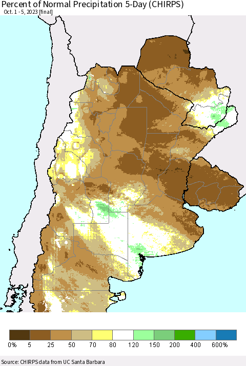 Southern South America Percent of Normal Precipitation 5-Day (CHIRPS) Thematic Map For 10/1/2023 - 10/5/2023