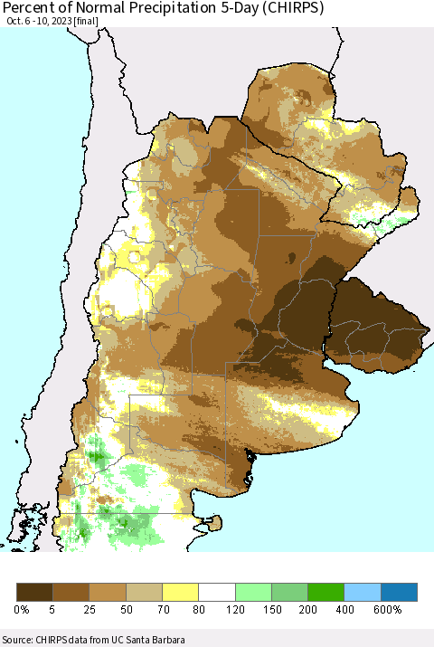 Southern South America Percent of Normal Precipitation 5-Day (CHIRPS) Thematic Map For 10/6/2023 - 10/10/2023