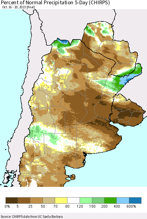 Southern South America Percent of Normal Precipitation 5-Day (CHIRPS) Thematic Map For 10/16/2023 - 10/20/2023