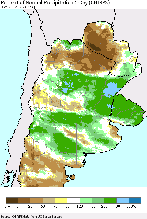 Southern South America Percent of Normal Precipitation 5-Day (CHIRPS) Thematic Map For 10/21/2023 - 10/25/2023