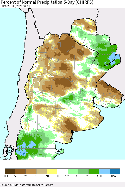 Southern South America Percent of Normal Precipitation 5-Day (CHIRPS) Thematic Map For 10/26/2023 - 10/31/2023
