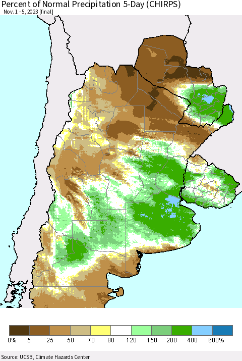 Southern South America Percent of Normal Precipitation 5-Day (CHIRPS) Thematic Map For 11/1/2023 - 11/5/2023