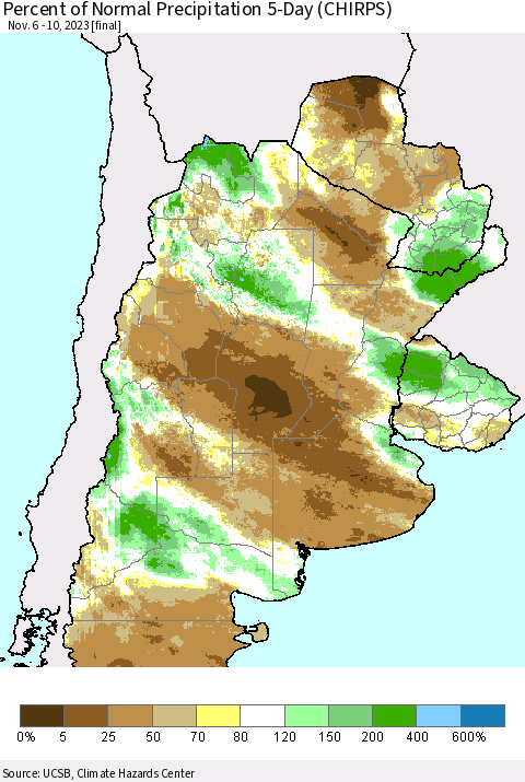 Southern South America Percent of Normal Precipitation 5-Day (CHIRPS) Thematic Map For 11/6/2023 - 11/10/2023