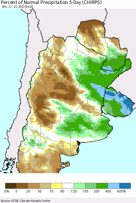 Southern South America Percent of Normal Precipitation 5-Day (CHIRPS) Thematic Map For 11/11/2023 - 11/15/2023
