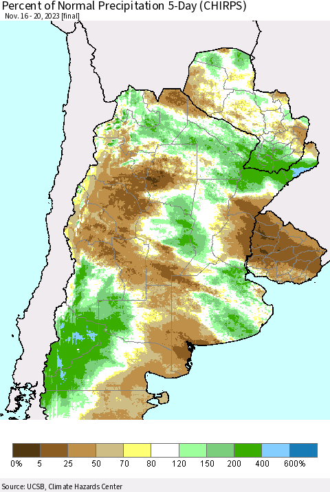 Southern South America Percent of Normal Precipitation 5-Day (CHIRPS) Thematic Map For 11/16/2023 - 11/20/2023