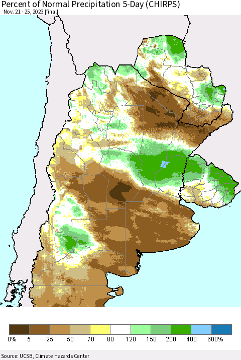 Southern South America Percent of Normal Precipitation 5-Day (CHIRPS) Thematic Map For 11/21/2023 - 11/25/2023