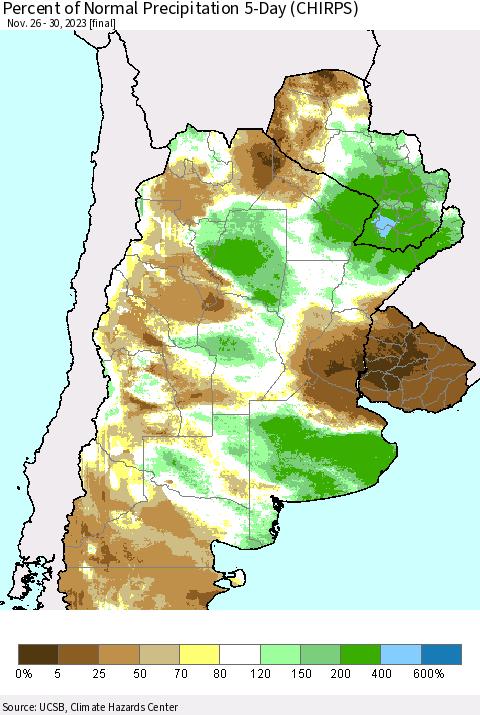 Southern South America Percent of Normal Precipitation 5-Day (CHIRPS) Thematic Map For 11/26/2023 - 11/30/2023