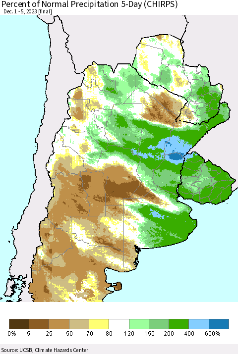 Southern South America Percent of Normal Precipitation 5-Day (CHIRPS) Thematic Map For 12/1/2023 - 12/5/2023