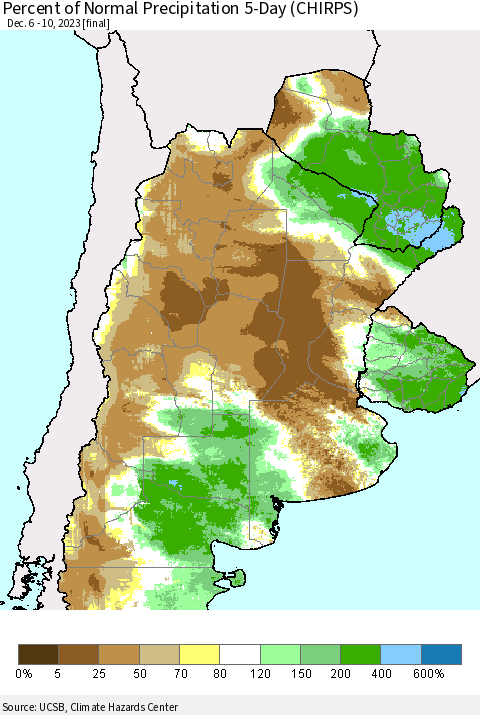 Southern South America Percent of Normal Precipitation 5-Day (CHIRPS) Thematic Map For 12/6/2023 - 12/10/2023