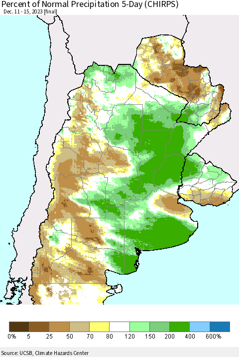 Southern South America Percent of Normal Precipitation 5-Day (CHIRPS) Thematic Map For 12/11/2023 - 12/15/2023