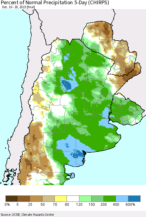 Southern South America Percent of Normal Precipitation 5-Day (CHIRPS) Thematic Map For 12/16/2023 - 12/20/2023