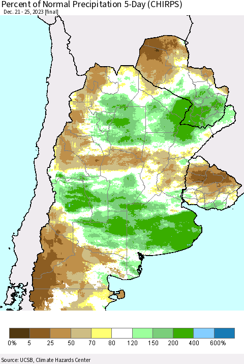 Southern South America Percent of Normal Precipitation 5-Day (CHIRPS) Thematic Map For 12/21/2023 - 12/25/2023