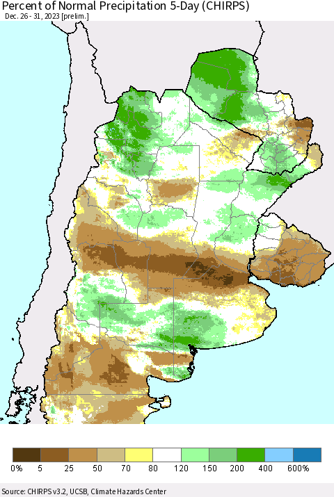 Southern South America Percent of Normal Precipitation 5-Day (CHIRPS) Thematic Map For 12/26/2023 - 12/31/2023