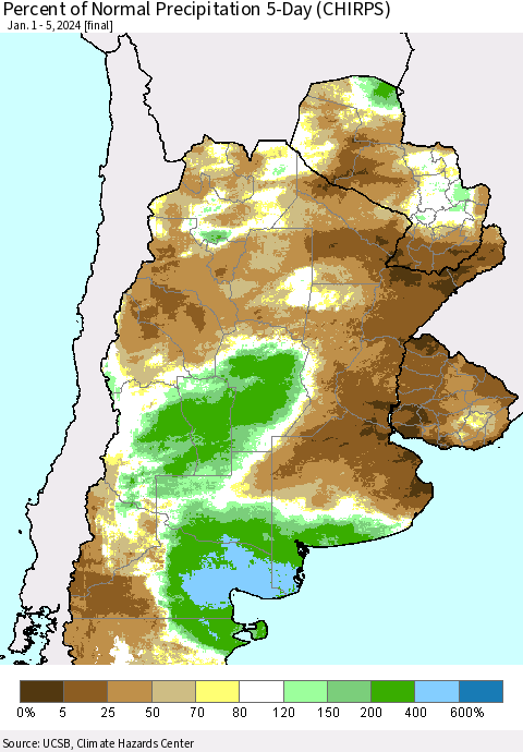 Southern South America Percent of Normal Precipitation 5-Day (CHIRPS) Thematic Map For 1/1/2024 - 1/5/2024