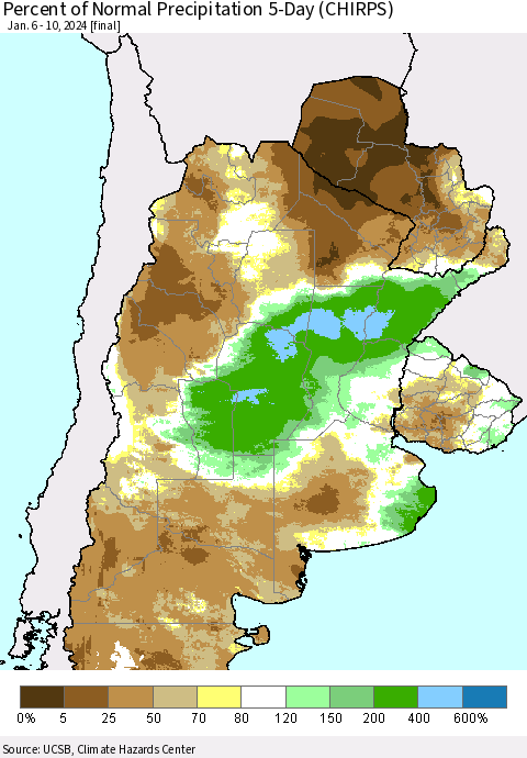 Southern South America Percent of Normal Precipitation 5-Day (CHIRPS) Thematic Map For 1/6/2024 - 1/10/2024