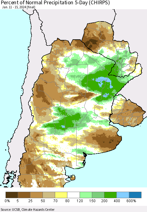 Southern South America Percent of Normal Precipitation 5-Day (CHIRPS) Thematic Map For 1/11/2024 - 1/15/2024
