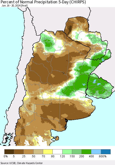 Southern South America Percent of Normal Precipitation 5-Day (CHIRPS) Thematic Map For 1/16/2024 - 1/20/2024
