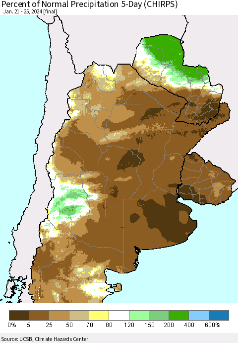 Southern South America Percent of Normal Precipitation 5-Day (CHIRPS) Thematic Map For 1/21/2024 - 1/25/2024