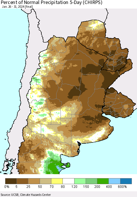 Southern South America Percent of Normal Precipitation 5-Day (CHIRPS) Thematic Map For 1/26/2024 - 1/31/2024