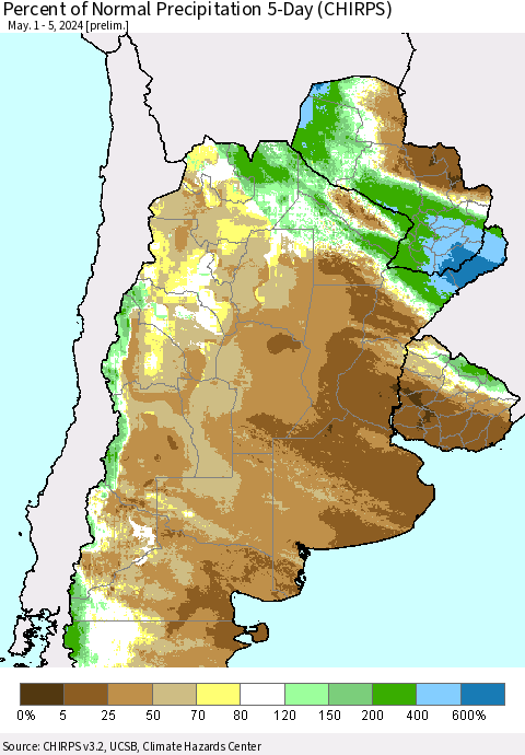 Southern South America Percent of Normal Precipitation 5-Day (CHIRPS) Thematic Map For 5/1/2024 - 5/5/2024