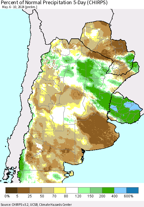 Southern South America Percent of Normal Precipitation 5-Day (CHIRPS) Thematic Map For 5/6/2024 - 5/10/2024