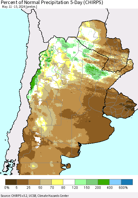 Southern South America Percent of Normal Precipitation 5-Day (CHIRPS) Thematic Map For 5/11/2024 - 5/15/2024