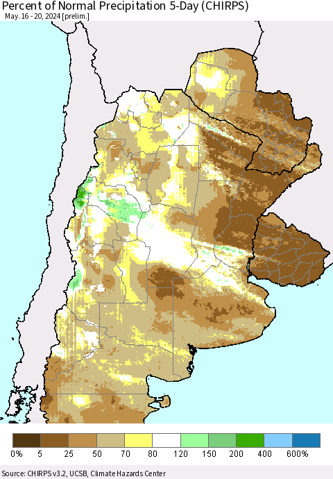 Southern South America Percent of Normal Precipitation 5-Day (CHIRPS) Thematic Map For 5/16/2024 - 5/20/2024