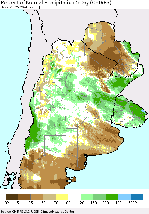 Southern South America Percent of Normal Precipitation 5-Day (CHIRPS) Thematic Map For 5/21/2024 - 5/25/2024