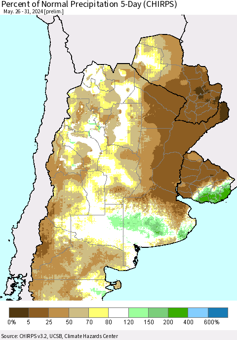 Southern South America Percent of Normal Precipitation 5-Day (CHIRPS) Thematic Map For 5/26/2024 - 5/31/2024