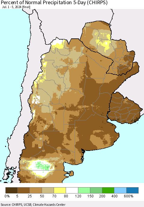Southern South America Percent of Normal Precipitation 5-Day (CHIRPS) Thematic Map For 7/1/2024 - 7/5/2024