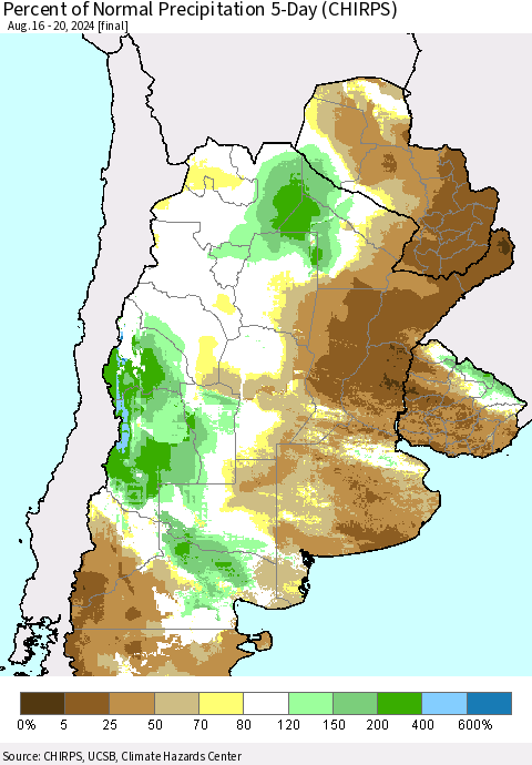 Southern South America Percent of Normal Precipitation 5-Day (CHIRPS) Thematic Map For 8/16/2024 - 8/20/2024