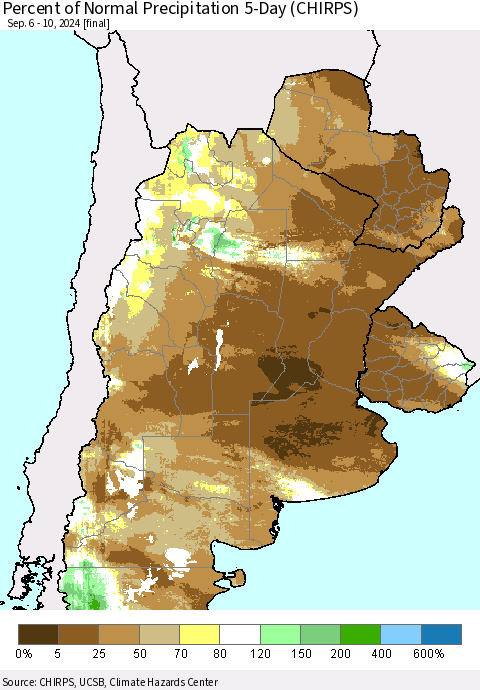 Southern South America Percent of Normal Precipitation 5-Day (CHIRPS) Thematic Map For 9/6/2024 - 9/10/2024