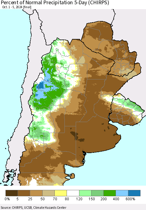 Southern South America Percent of Normal Precipitation 5-Day (CHIRPS) Thematic Map For 10/1/2024 - 10/5/2024
