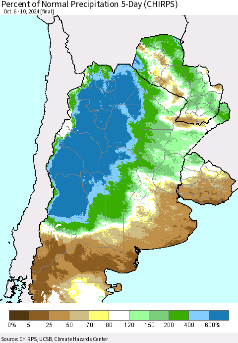 Southern South America Percent of Normal Precipitation 5-Day (CHIRPS) Thematic Map For 10/6/2024 - 10/10/2024